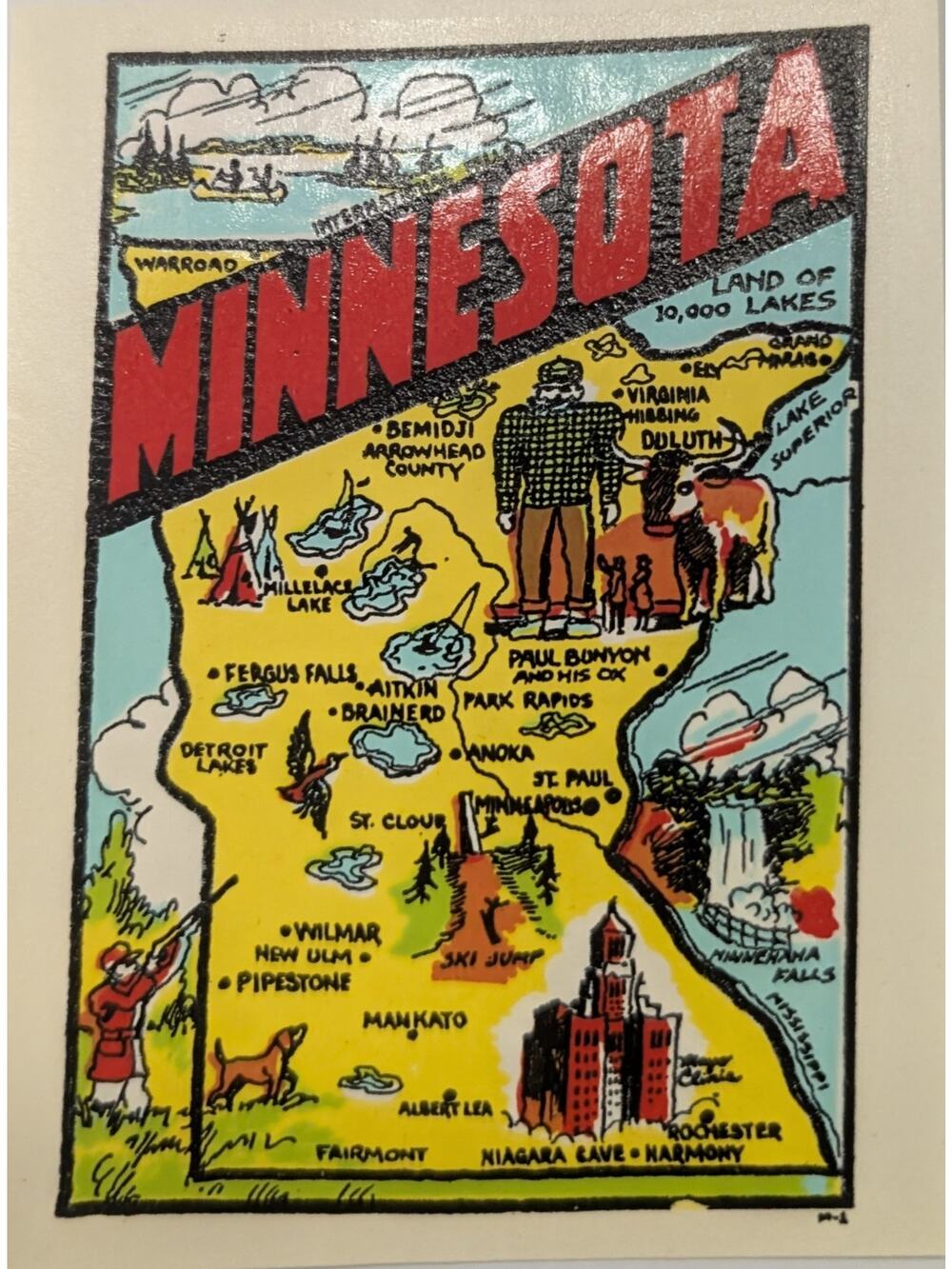 Vintage Minnesota Travel Water Slide Decal Souvenir Paul Bunyan Map